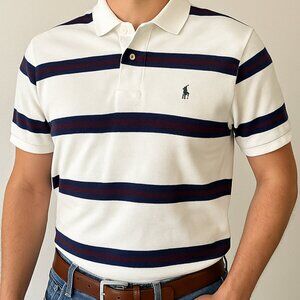 VTG 90s Polo Ralph Lauren Pique Polo Shirt Navy Burgundy White Striped Large